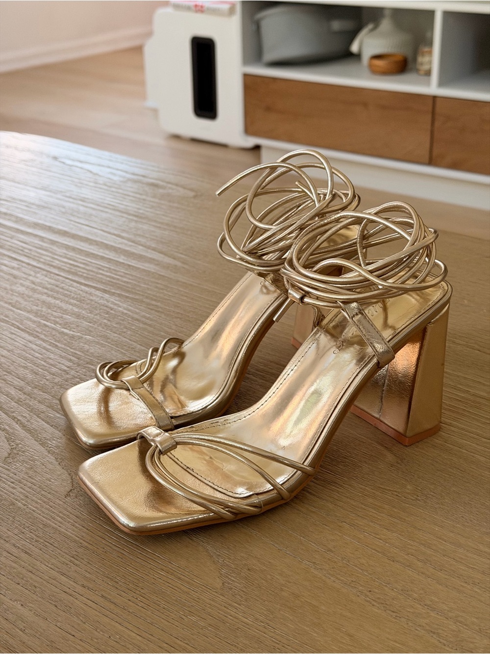 Gold Strappy Block Heel Sandals with Ankle Wrap Worn once - Picture 3 of 8